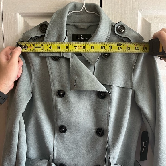 Lulu’s Edinburgh Slate Blue Suede Cropped Trench Coat - size small - Picture 6 of 9